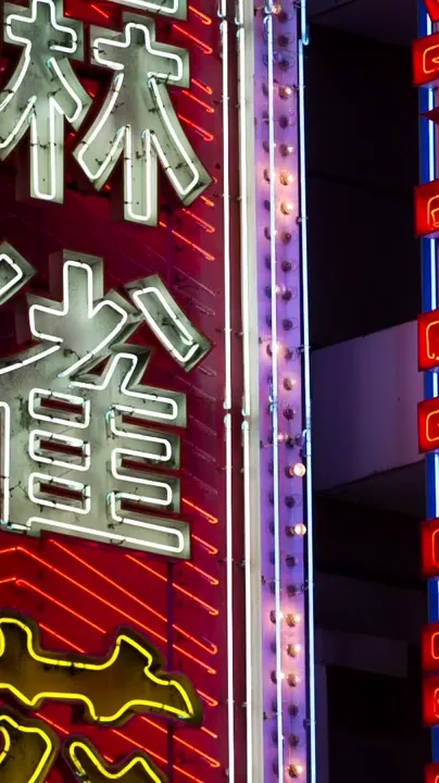 Vertical neon signs with Japanese characters at night