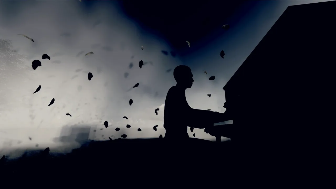 Silhouette of a pianist under a stormy sky with flying debris