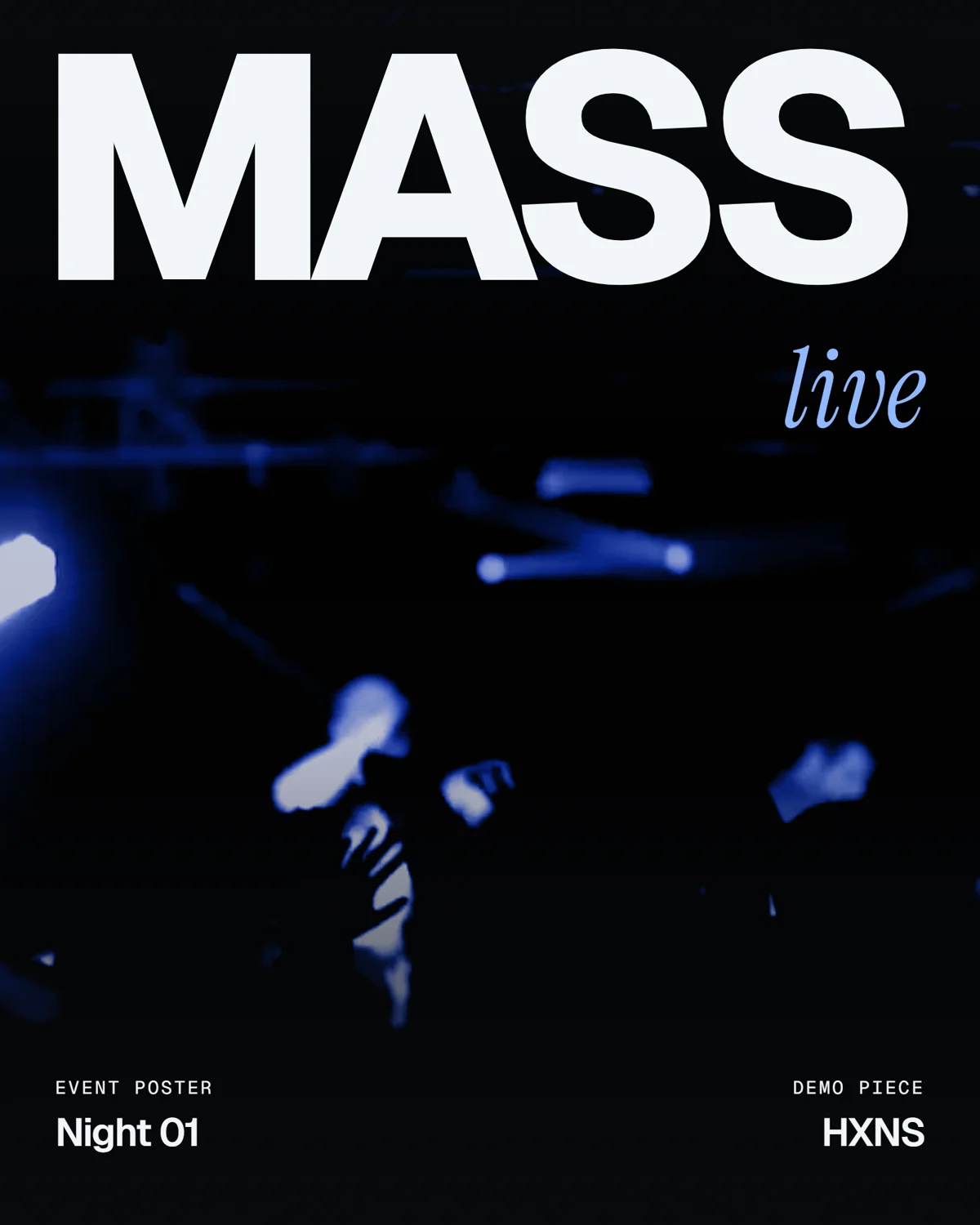 Event poster with huge MASS lettering over a blue-tinted concert crowd
