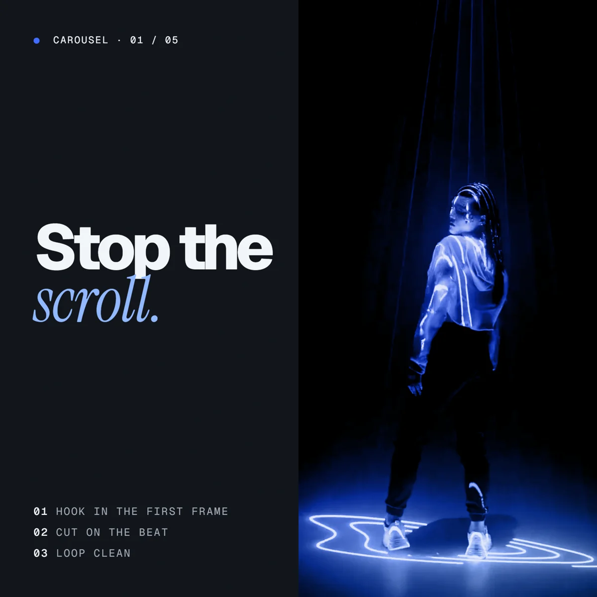 Square carousel slide reading Stop the scroll with three tips and a blue-lit performer