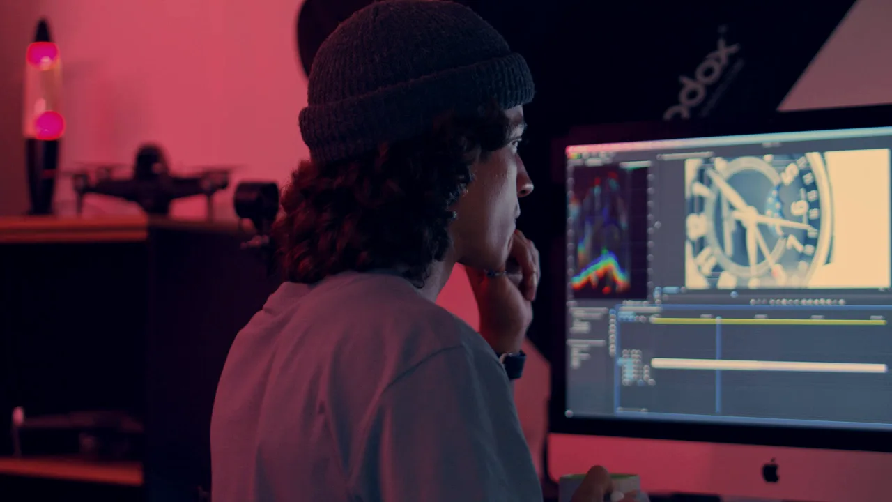 Editor working on a timeline in a red-lit edit suite